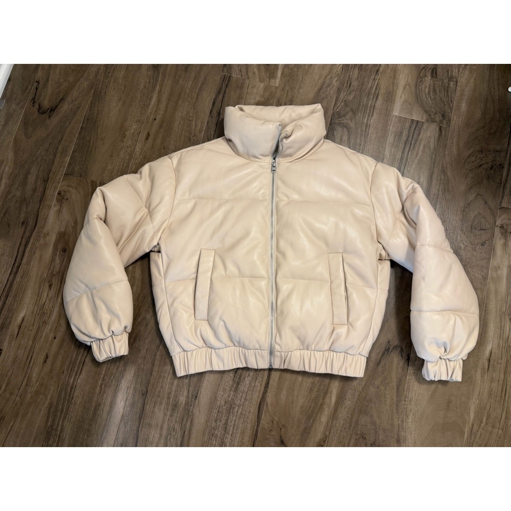Abercrombie Jacket Womens Small Beige Ultra Collection Vegan Leather Puffer Coat